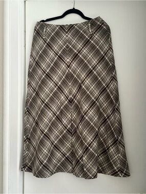 Plaid A-Line Wool Midi Skirt in Brown and Cream